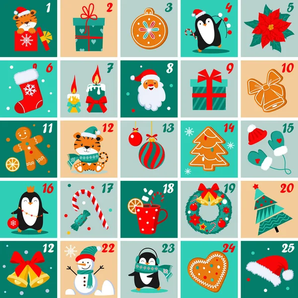 Aralık ayı takvimi. Noel posterleri basılabilir etiketler noel sembolleri ile numaralandırılmış posterler.