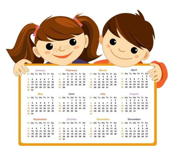 Calendar 2022 Isolated White Background Sunday Monday Vector Character Kids — Stock Vector