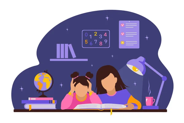 Mutter Oder Lehrerin Hilft Mädchen Bei Hausaufgaben — Stockvektor