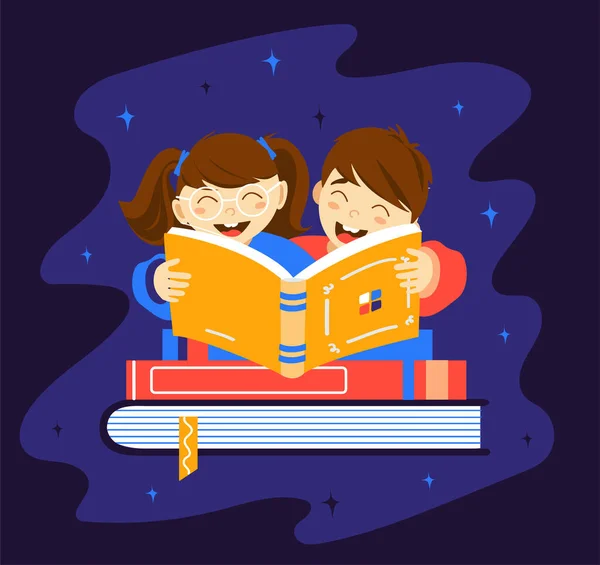 Concepto Del Día Mundial Del Libro Los Niños Están Leyendo — Vector de stock