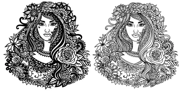 Mandala Floral Fairy Girl Coloring Page Engraving Laser Cut Printing — Stock Vector