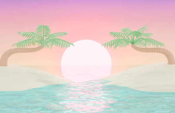 Rendering Palm Trees Island Separate Sea Sunset Background — 图库照片