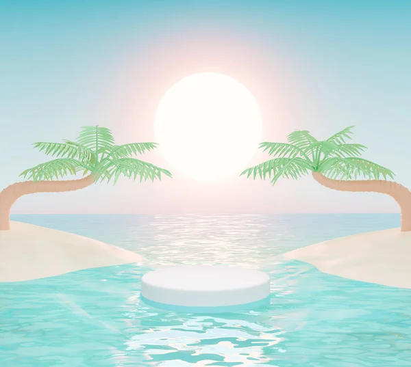 Rendering Podium Separate Sea Bright Sun Palm Tree Island Sunscreen —  Fotos de Stock