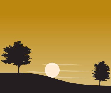 Siluet çizimi. Yer dört ağaçla birlikte aşağı doğru eğimli (siyah). Ve günbatımı resmin sol tarafında. turuncu gökyüzü