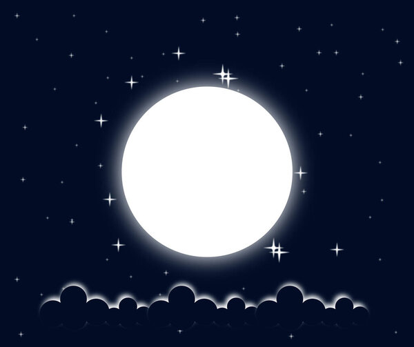 Illustration, white full moon. Dark watercolor background and small stars fill the space.