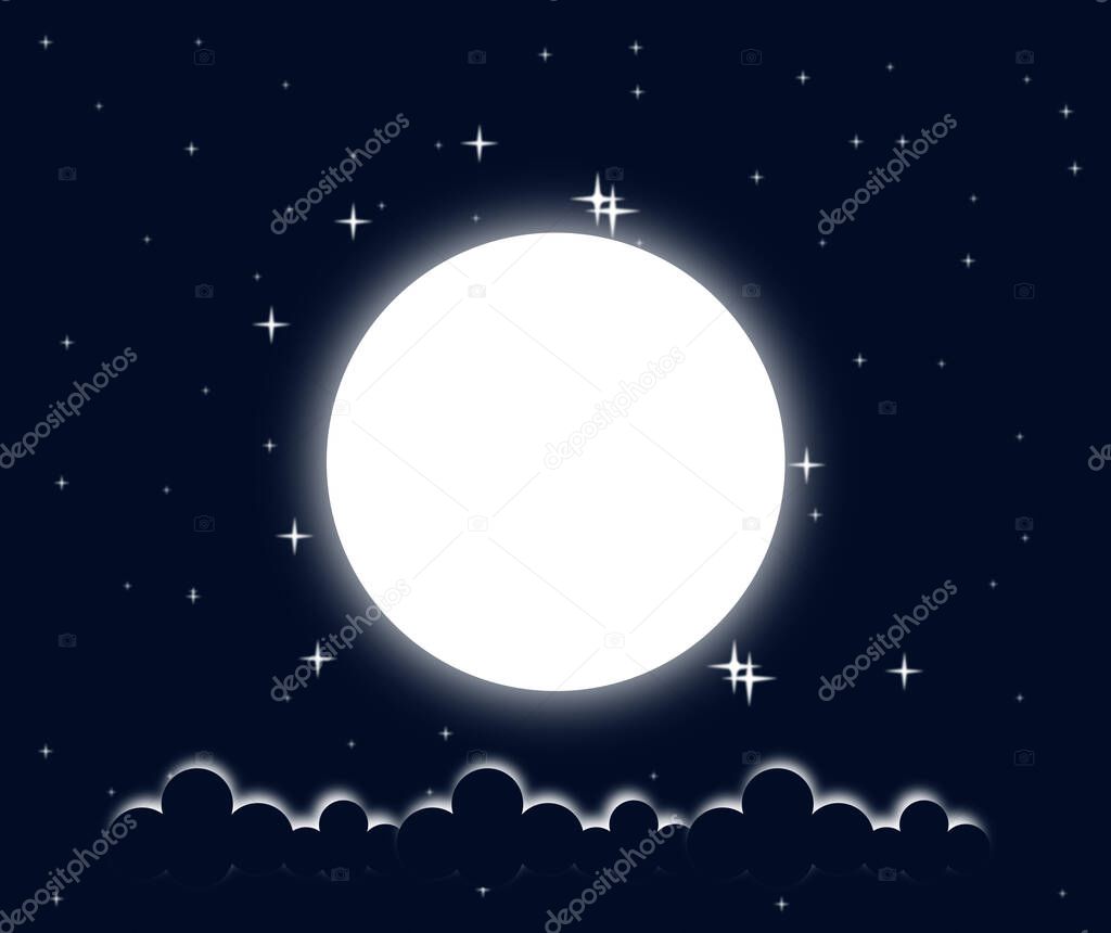Illustration, white full moon. Dark watercolor background and small stars fill the space.