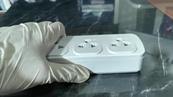 Footage Close Plugging Plug Power Outlet People Wearing White Gloves — Stock Video