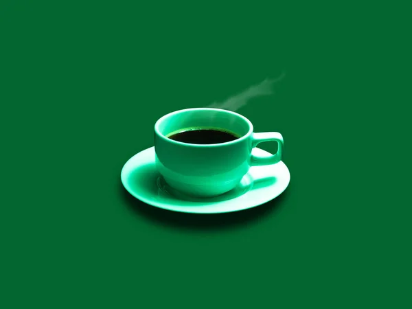 Taza Café Platillo Con Humo Ligero Fondo Verde — Foto de Stock