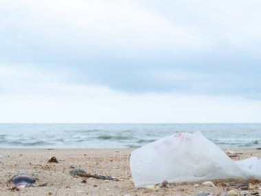 Beyaz plastik torbalar (kirlilik), kum, deniz bulutlu gökyüzü ve arka planda deniz kabukları.