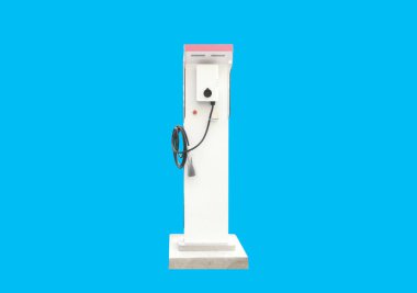 Elektrikli araç şarj istasyonu (EV Charger), mavi arkaplan, izole edilmiş ve kopyala.
