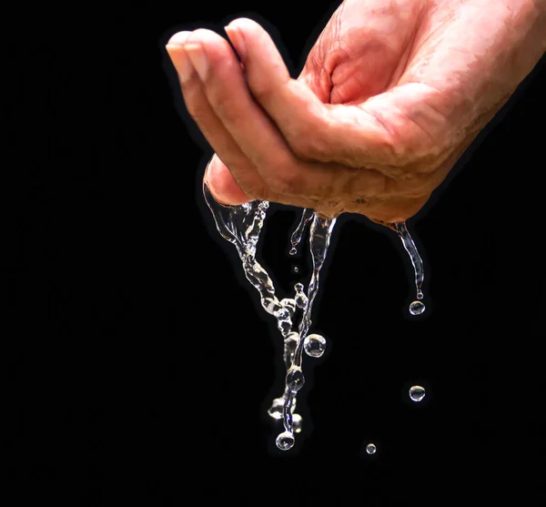 Human Hand Holds Water His Hands Water Drops Purity Water — ストック写真