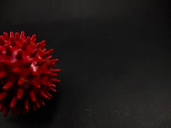 Photo of a red spiked rubber ball isolated on a black background