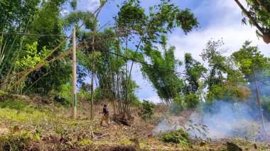 Endonezya 'nın Cikancung bölgesindeki bir yamaçta yanan orman arazisi.