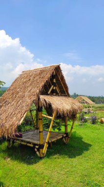 Endonezya 'nın Cikancung bölgesinde çimenli bir bahçenin ortasında estetik bir kulübe.