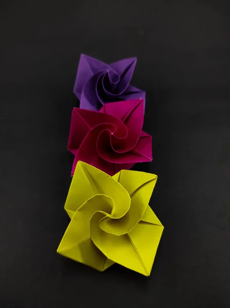 Origami Růže Okvětní Lístky Třech Barvách Izolovaných Černém Pozadí Focus — Stock fotografie