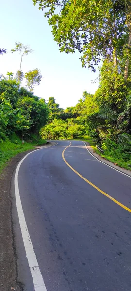 Uma Estrada Sinuosa Estreita Área Pangandaran Indonésia — Fotografia de Stock