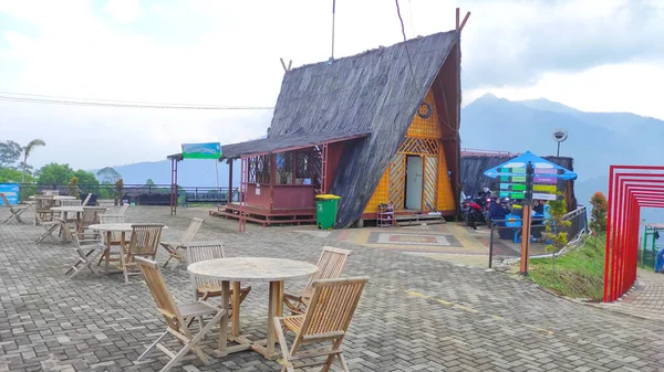 Cicalengka, West Java, Indonesia - 05 June, 2021 : A cafe with the concept of a traditional Indonesian house in the tourist area of Cicalengka