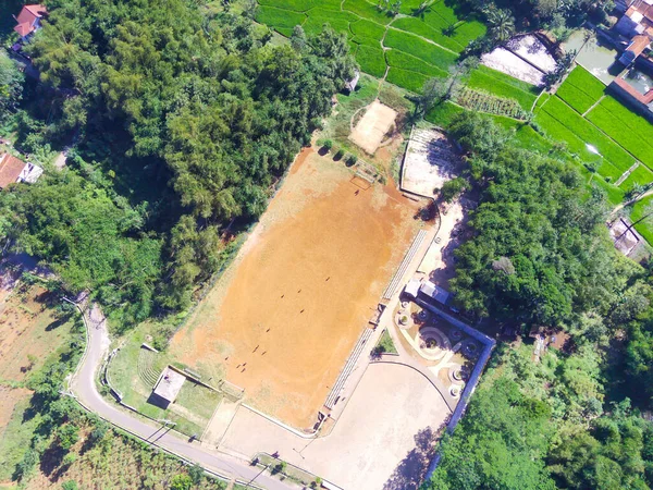 Aerial Photography Football Field Hill Surrounded Trees Cikancung Area Indonesia — Foto de Stock
