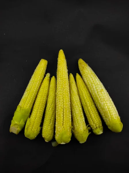 Photo Pile Pickled Baby Corn Isolated Black Background Cikancung Area — Stockfoto