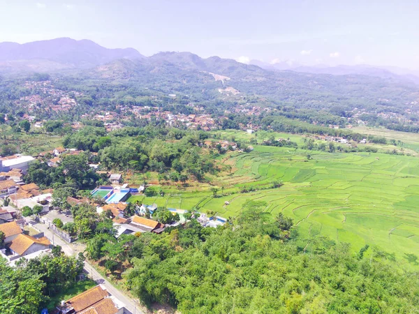 Аннотация Defocused Blurred Background Aerial Rice Fields Located Residential Areas — стоковое фото