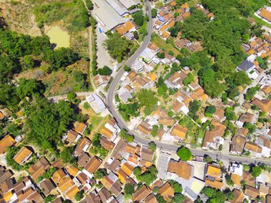 Abstract Defocused Blurred Background Aerial photography a view of mapping a densely populated residential area in the hill valley in the Cikancung area - Indonesia. Not Focus