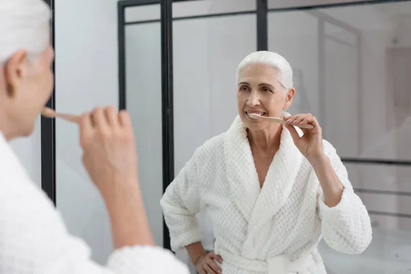 Portrait Attractive Elderly Woman Holding Toothbrush Hands Brushing Teeth Front — Stock Photo, Image