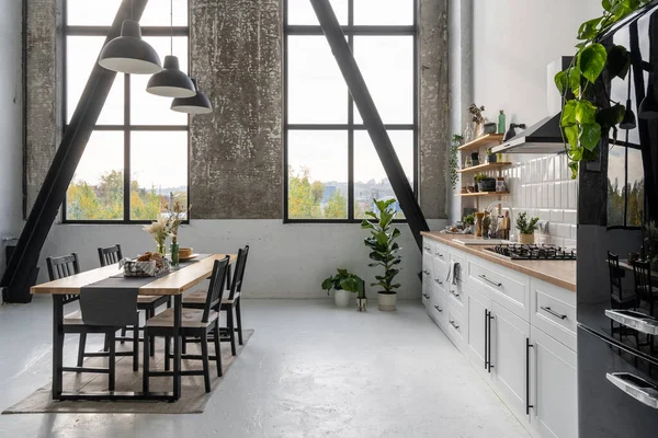 Cucina Scandinava Interior Design Con Mobili Bianchi Parete Pavimento Elettrodomestici — Foto Stock
