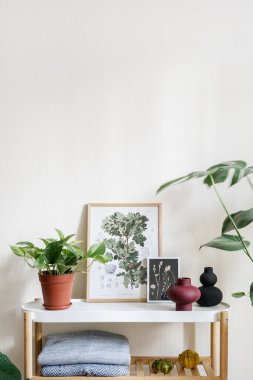 Hygge konsepti. Ev dekoruna yakın beyaz masada duran saksı bitkisi, vazo, botanik resimli resim çerçevesi ve bitkisel bitki örtüsü. Aydınlık apartmanın iç tarafında rahat bir oda.
