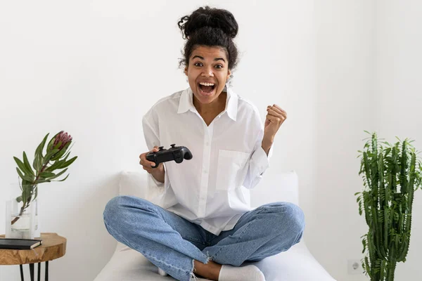 Portrait Happy African American Millennial Girl Holding Joystick Celebrating Videogame — 图库照片