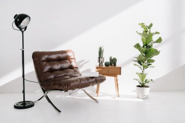 Kol sandalyesi açık kitap, modern lamba ışığı, yan masa, saksı çiçekleri ve dekorun yanında duruyor. Çağdaş iç tasarımı olan apartmanda mobilya ve nesne kompozisyonu