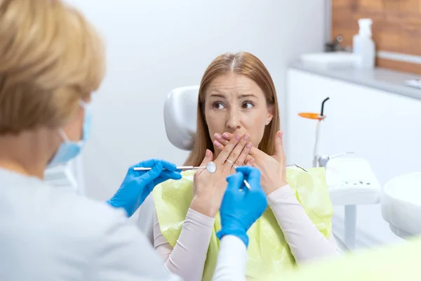 Portrait Scared Woman Dentist Appointment Caries Prevention Stomatology Clinic Office — Stock Photo, Image