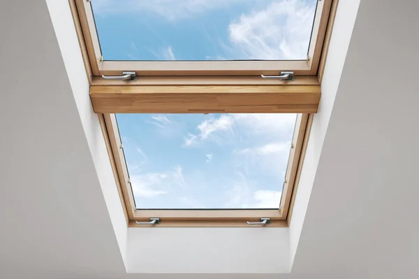 New Energy Efficient Attic Window Wooden Frame Install Indoors Mansard — Stock Photo, Image