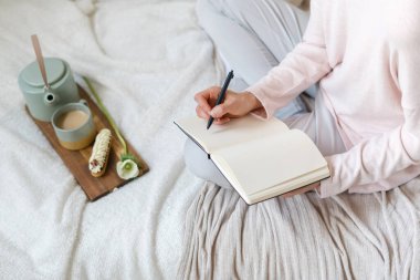 Pijamalı bir kadın boş sayfalarla dolu bir günlük tutuyor. Kadın kahvaltı tepsisiyle yatakta oturuyor, evde sabahın tadını çıkarıyor. Blogcu dizüstü bilgisayarda, yüksek açı görünümünde yayın oluşturur