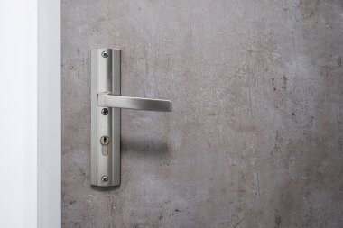 Kapalı gri kapılar ve kapı kolu dairede. Güçlendirilmiş kapı. Evin iç tasarımının büyük unsurları. Güvenlik kavramı