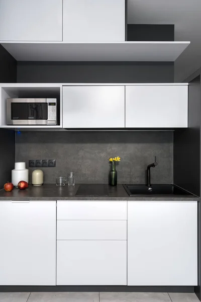 Kücheneinrichtung Nordischen Stil Schwarz Weiß Tönen Wohnkomfort Konzept Platz Zum — Stockfoto