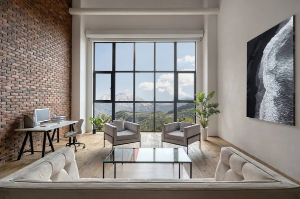 Lyxig Lägenhet Med Vacker Utsikt Från Panoramafönster Loft Stylat Rum — Stockfoto