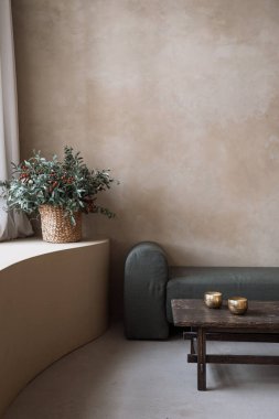 Contemporary soft couch, bronze bowls and decorative flowers in room interior design. Home comfort. Apartment details. Fashion flat after renovation. Art deco style