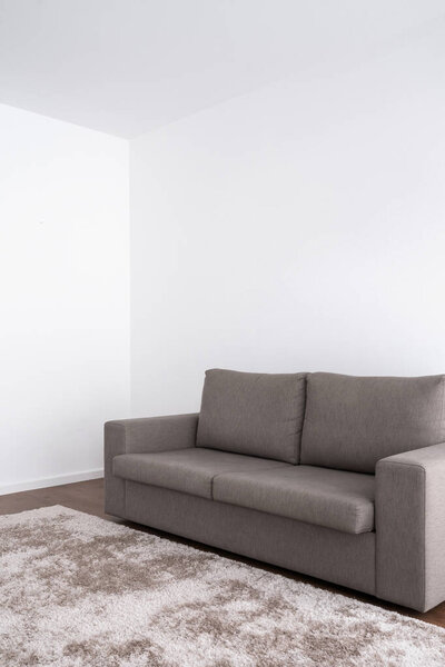 Вертикальный вид сбоку на удобный серый диван рядом с белой стеной и мягким ковром на деревянном полу в современной квартире. Уютный номер с минималистским дизайном интерьера. Реклама нового дома в аренду