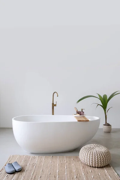 Bañera Blanca Clásica Con Grifo Cobre Decoración Baño Contemporáneo Diseño — Foto de Stock