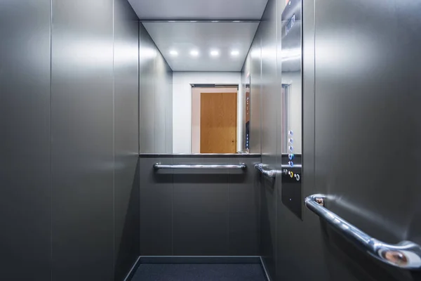 Stainless Steel Elevator Cabin Interior Mirror Modern Passenger Lift Convenient — Stock Photo, Image