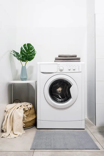 욕실에 세탁기에 꽃병에 심는다 아파트 디자인 세탁하는 — 스톡 사진