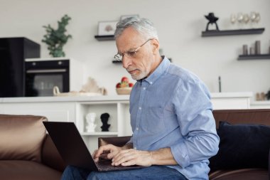 Ofiste dizüstü bilgisayarla çalışan yaşlı bir adamın profili. İnternet sitesinde sörf yapan, online haberler okuyan, belgeyi gönderen ve koltukta otururken dijital teknolojiyi kullanan yaşlılar