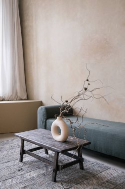Ahşap bir masanın üzerinde kurumuş dalları olan seramik vazonun yan görüntüsü. Kanepesi ve dekorasyonu olan bir oda. Ev konforu. Konforlu düz