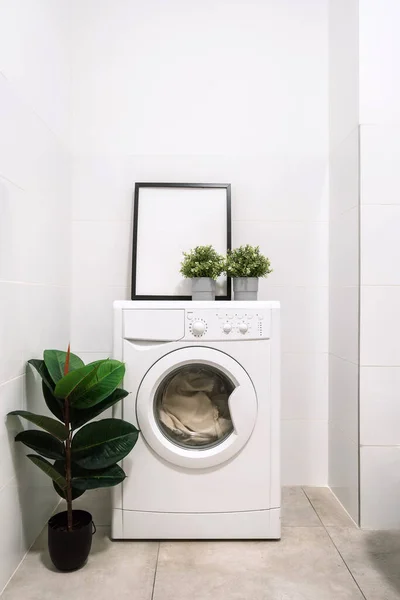 Plants in pots and frame on white washing machine in cozy room. Process of cleansing clothes. Bright apartment interior design. Laundry concept