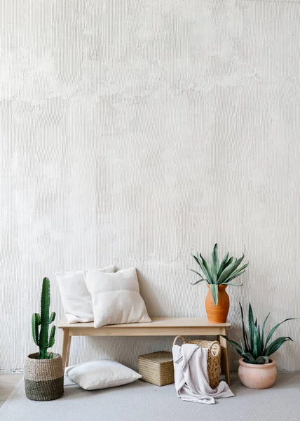Travesseiros Limpos Plantas Mesa Madeira Design Acolhedor Quarto Interior Zona — Fotografia de Stock