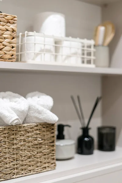 Organization Space Bathroom Cabinet Selective Focus Rolled Fresh Washed Towels — Stok fotoğraf