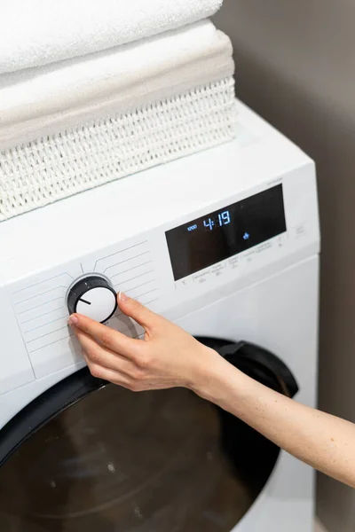 High View Woman Hand Choosing Mode Washing Machine Control Panel — Fotografia de Stock
