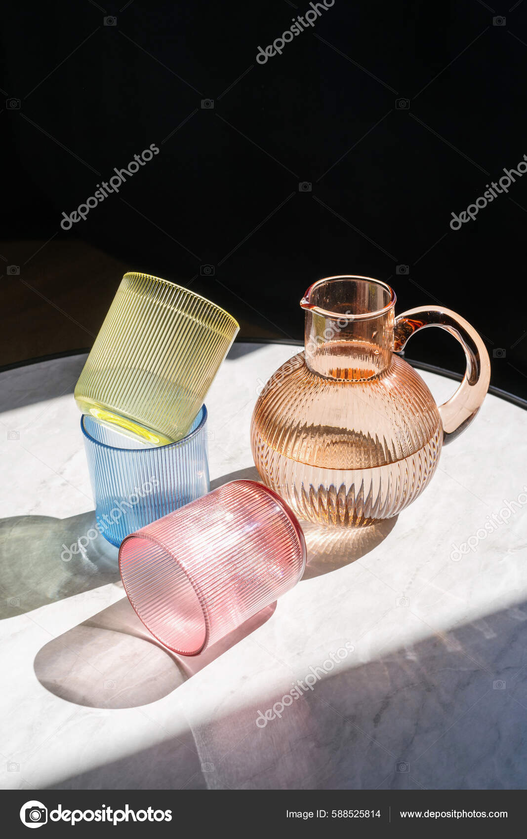 Colored Transparent Jug Water Glasses Table Shadows Utensils Flat