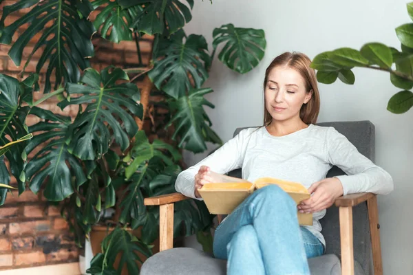 Calm Smiling Woman Reading Book Sitting Comfort Armchair Coffee Shop — Stockfoto