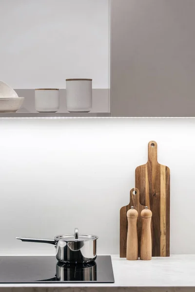 Kochtopf Auf Induktionsherd Kücheneinrichtung Nordischen Stil Kochen Zuhause Haushaltsgeräte Und — Stockfoto